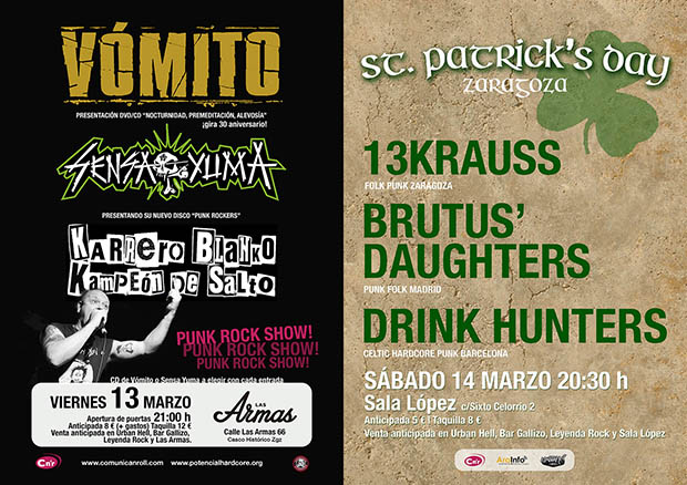 Vómito, Sensa Yuma, KBKS, 13krauss, Drink Hunters y Brutus’ Daughters este fin de semana en Zaragoza